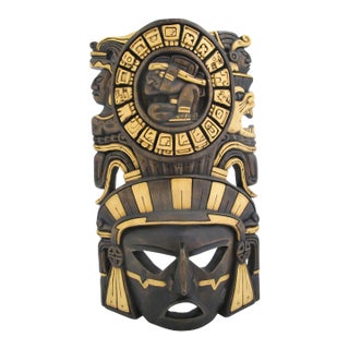 Mexican Hand Carved Wood Aztec/Mayan Warrior Headdress Calendar Wall Mask For Sale