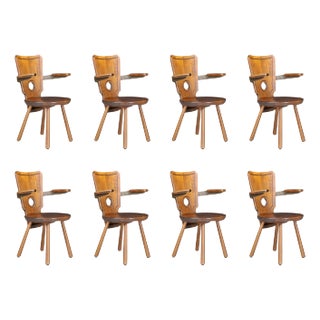 French Modernist Dining Chairs in Stained Oak and Brass, 1960s, Set of 8 For Sale