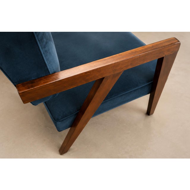 Brazilian Modern Armchairs in Imbuia Wood and Deep Petrol-Blue Mohair, Brazil, 1950s For Sale - Image 4 of 18