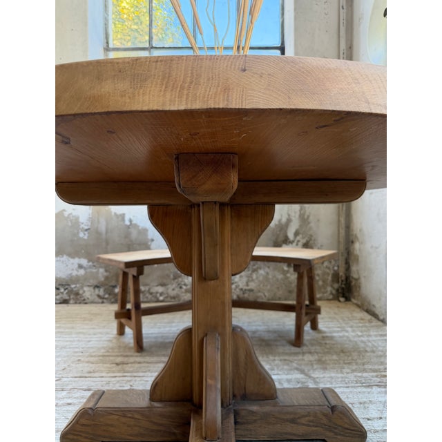 Brown Vintage Round Oak Table and Benches, 1950s, Set of 3 For Sale - Image 8 of 18