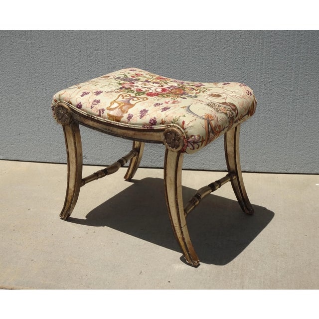 Vintage French Country Floral Vanity Bench W Silver Gilt Base #2 For Sale In Los Angeles - Image 6 of 12