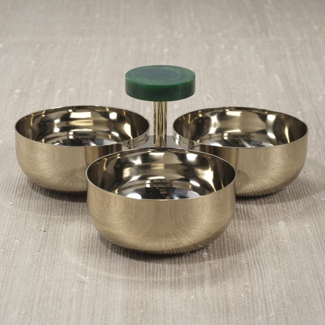 Modern Spiga Stainless Steel Condiment Set, Gold with Green Accent For Sale - Image 3 of 4