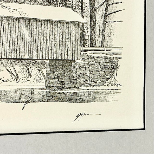Mid-Century Americana Rustic Lithograph From Pencil Drawing, Covered Bridge Framed. For Sale - Image 9 of 13