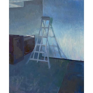Cool Light by Riley Doyle | Oil on panel depicting a ladder and shadow in a cool-toned interior. For Sale