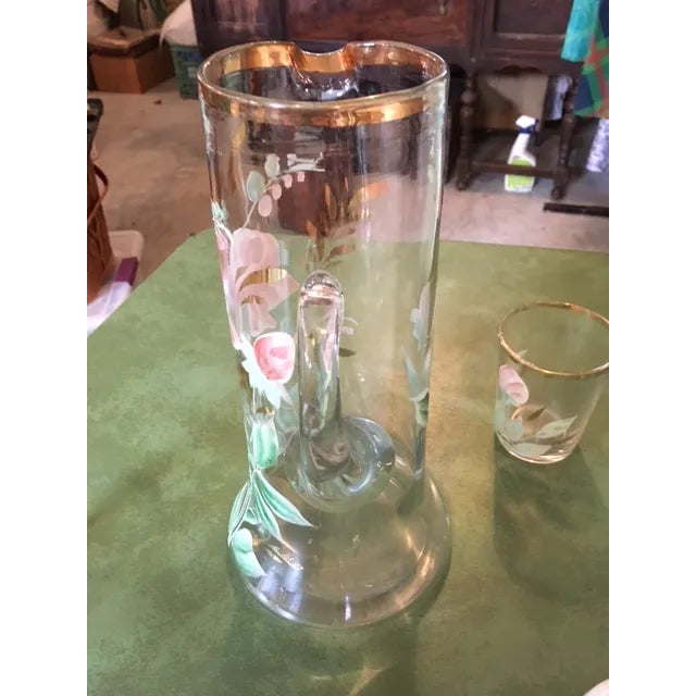 Light Pink Antique Northwood Handblown Hand-Painted Pitcher & 4 Glasses For Sale - Image 8 of 13
