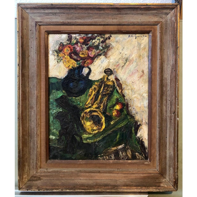 Herbert Katzman, 1950's Expressionist Interior Oil Painting Still Life with Flowers and Trumpet, 1946 For Sale - Image 10 of 10