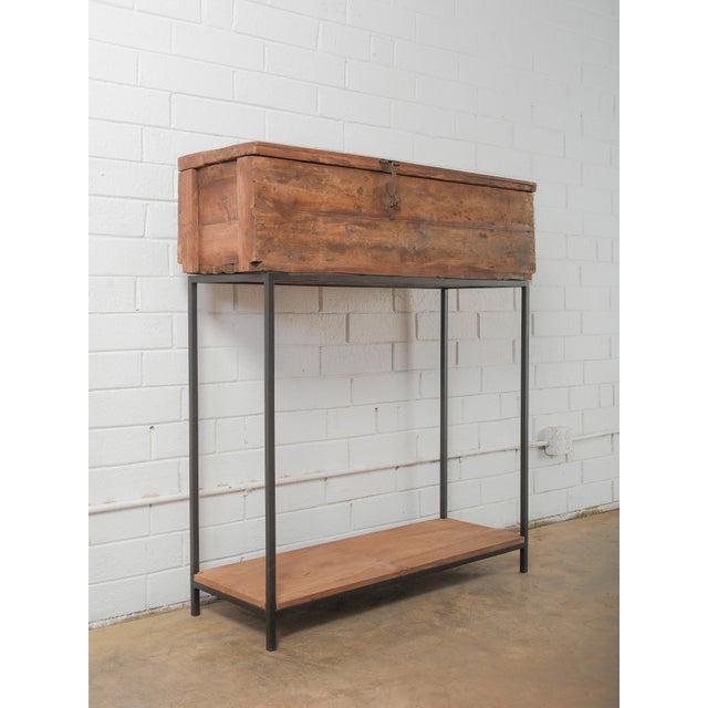 Rustic Late 20th Century Indian Wooden Storage Box on Iron Stand With Lift-Top Lid and Rustic Patina For Sale - Image 3 of 8