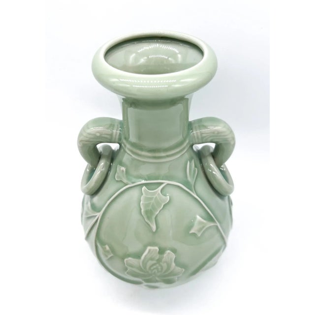 Traditional Mid-Century Chinese Celadon Vase With Floral Relief & Dual Handles – Asian Revival / Chinoiserie / Traditional Elegance For Sale - Image 3 of 12