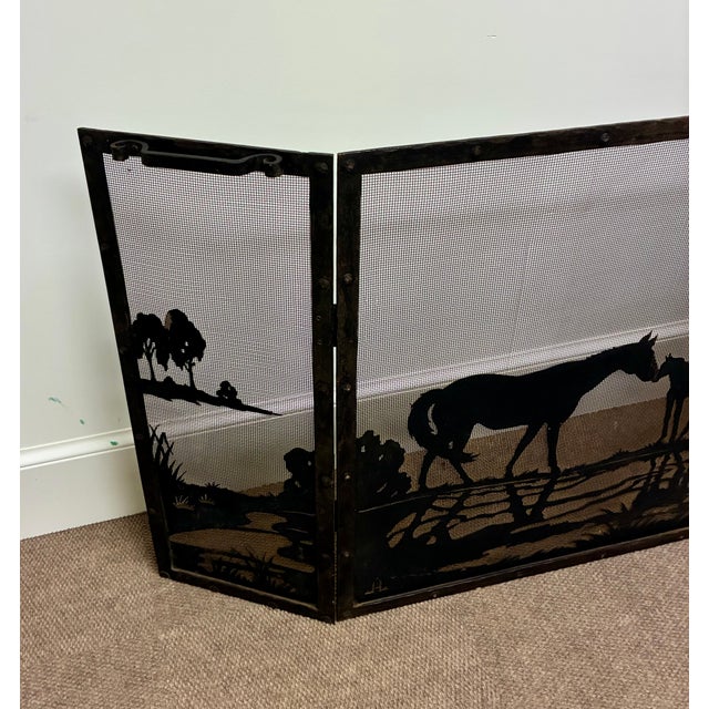 Traditional Firescreen With Equine Motif of Mare And, Foal, 3 Panel Mesh and Iron., 54" Wide X 30.5" High For Sale - Image 3 of 3