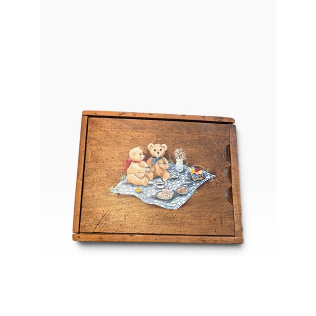 Farmhouse Vintage Wooden Tea Box With Teddy Bear Picnic Scene | Divided Storage Box For Sale - Image 3 of 6