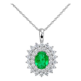 14K White Gold Colombian Emerald Diamond Pendant Necklace Estate For Sale