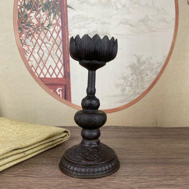 Pair of Bronze Lotus Candlesticks – 5.9" Buddhist Altar Candle Holders With Dragon Base For Sale - Image 10 of 11