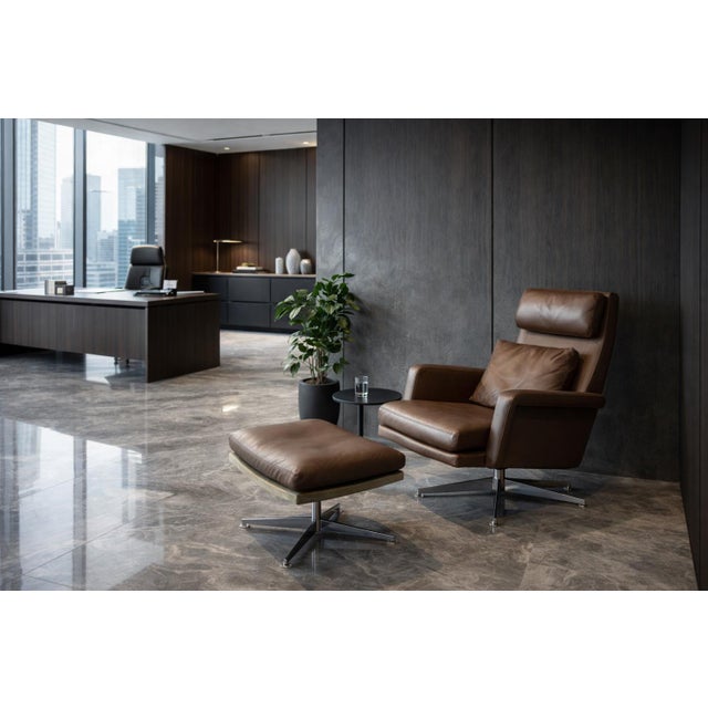 Set of Mid-Century Modern Danish Brown Leather Swivel Chair & Ottoman, 1970s For Sale - Image 6 of 18