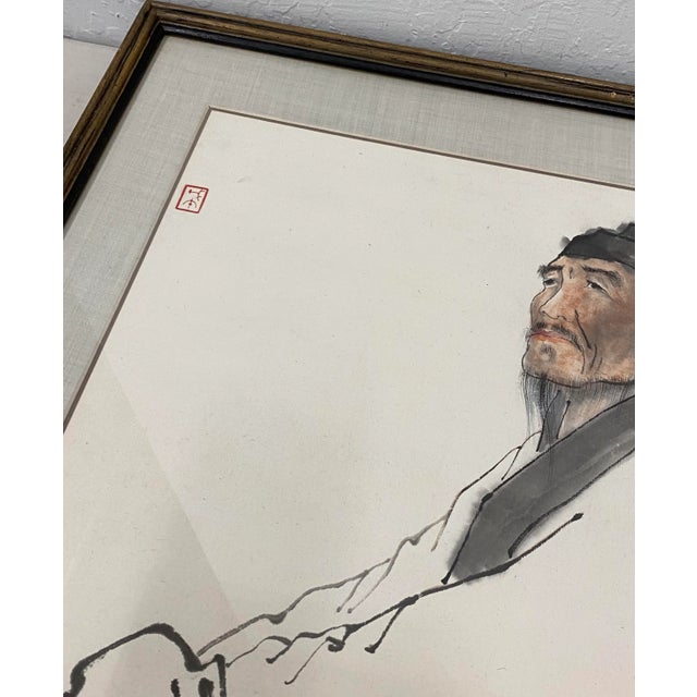 Ran Chang "Portrait of a Man" Original Pen, Ink and Watercolor Painting Late 20th C. For Sale - Image 4 of 12