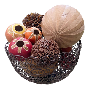 Iron Basket With 10 Decorative Balls of Varying Sizes.