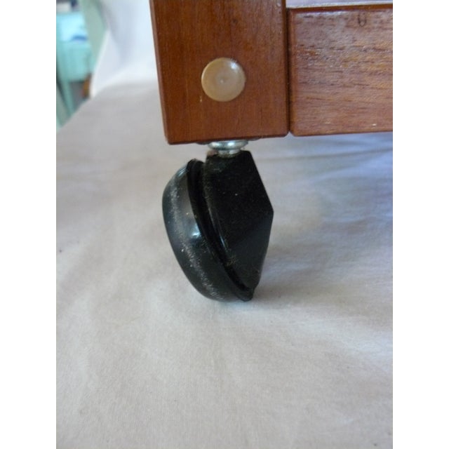 Wood Vintage Teak Rolling End Table With Linen Magazine Sling For Sale - Image 7 of 10