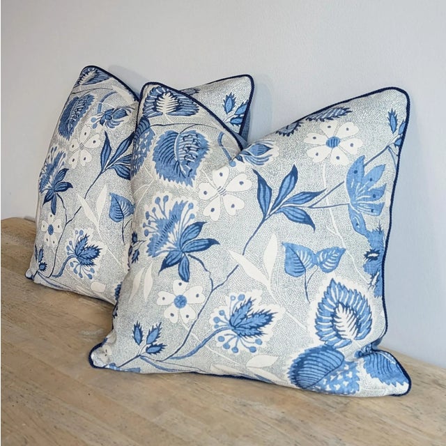 Thibaut Anna French Indienne Hazel print in blues with navy cording and blue linen backs. Invisible zippers and...