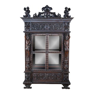 Monumental Antique Italian Renaissance Figural Mahogany Bookcase Curio Display Cabinet For Sale