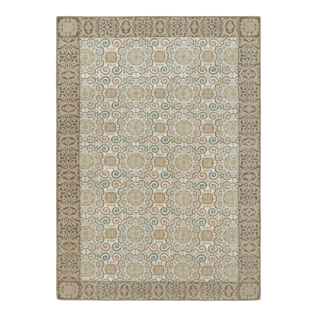 Rug & Kilim’s European Style Rug in Cream-White With Medallions in Green & Beige For Sale