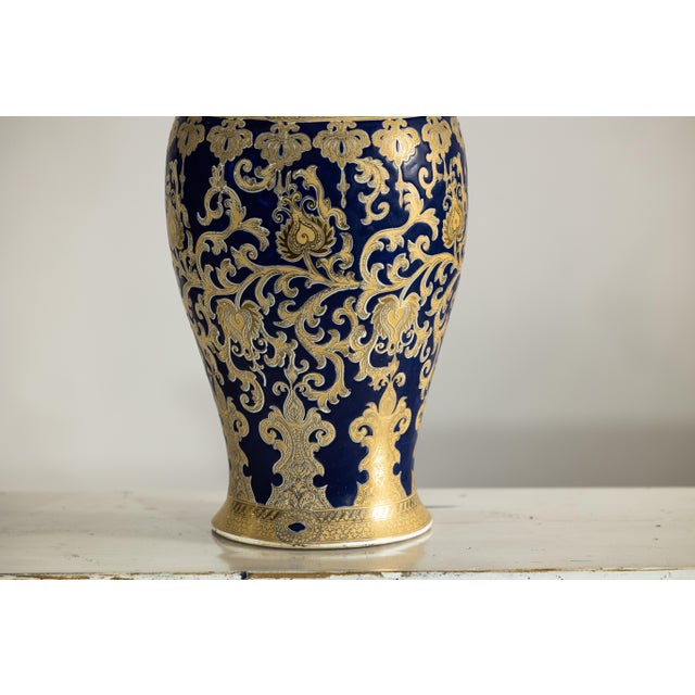 Rustic Pair of Sèvres-Inspired Cobalt Blue and Gold Porcelain Vases, Scrolling Foliage For Sale - Image 3 of 12