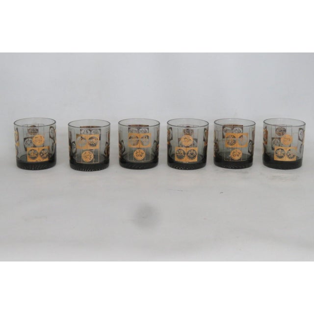 Mid-Century Modern Coins of the World Lowball Bar Glass Set 6pc Black With 22k Gold Design 4920b For Sale - Image 3 of 13
