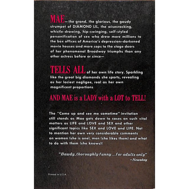 WEST, May [223] pp. Avon Book Division 1959 6 3/8" x 4 1/4" This autobiography traces Mae West's indulged Brooklyn...