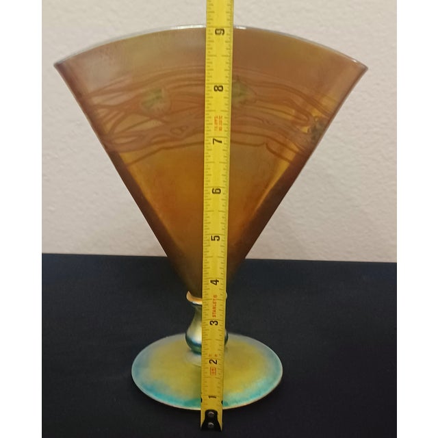 Antique Frederick Carder Steuben Gold Aurene Green Leaf Vine Art Nouveau Fan Vase #6297 For Sale - Image 11 of 12