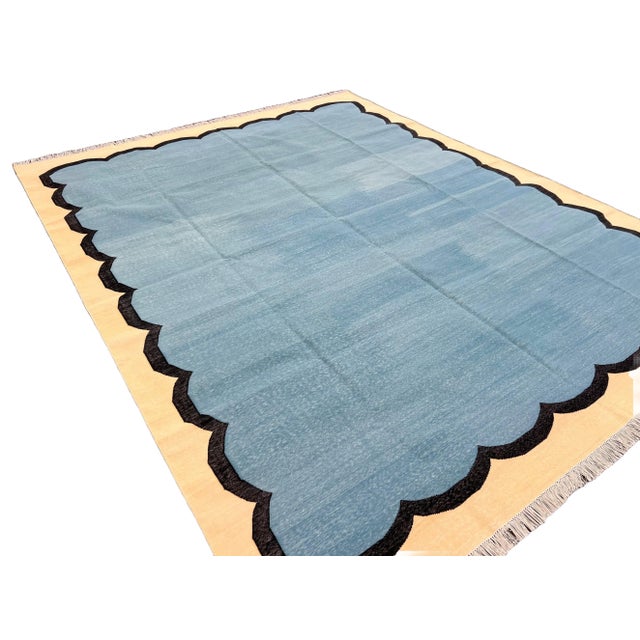 Textile Handmade Cotton Scalloped Edge Rug, Teal Blue, Black and Cream Bordered Dhurrie- 12'x15' For Sale - Image 7 of 13