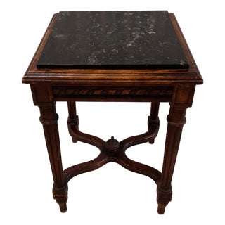 Late 19th or Early 20th Century Petite French Marble Top Carved Wood Side Table 15” Square For Sale