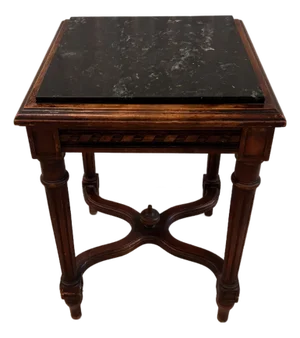 Late 19th or Early 20th Century Petite French Marble Top Carved Wood Side Table 15” Square