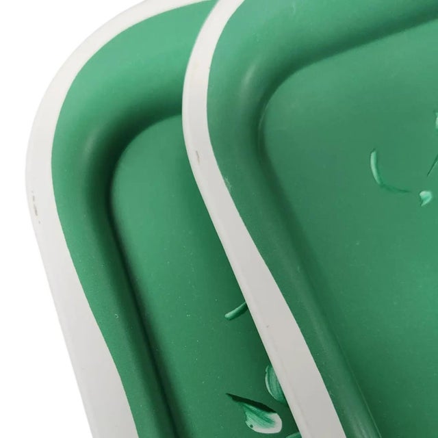 Metal Vintage Green Floral Toleware Style Metal Snack Tray Set – Set of 8 For Sale - Image 7 of 9