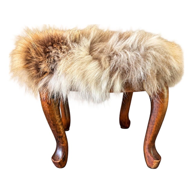 Antique Queen Anne–Style Footstool With Repurposed Coyote Fur Upholstery For Sale
