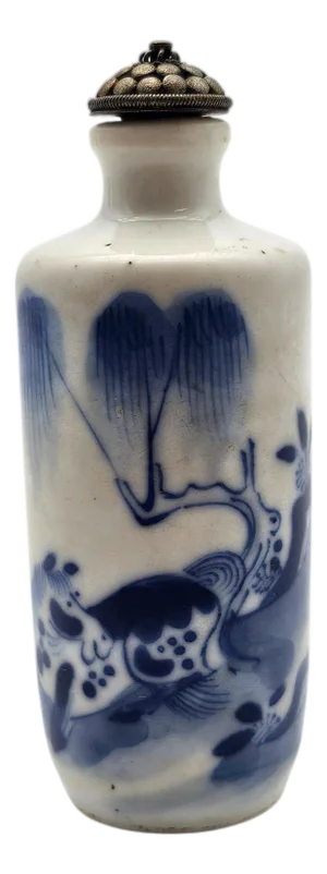 Vintage Chinese Blue & White Porcelain Snuff Bottle With Stopper Spoon (3.375")