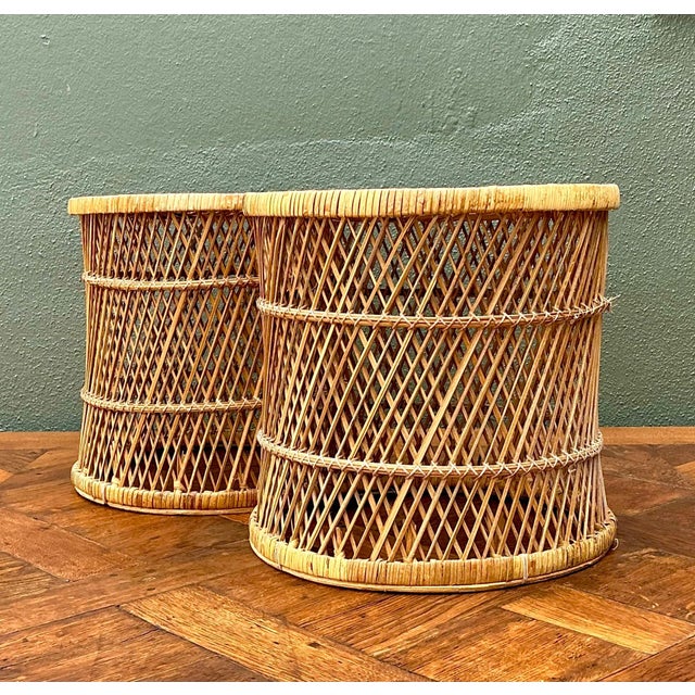 Late 20th Century Vintage Woven Rattan Accent Tables - Set of 2 For Sale - Image 5 of 14