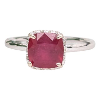 1.7Ct Ruby Ring With Earth Mined Diamonds Halo: Solid 14k Gold, Cushion Cut 7mm, Size 6.75 For Sale