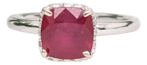 1.7Ct Ruby Ring With Earth Mined Diamonds Halo: Solid 14k Gold, Cushion Cut 7mm, Size 6.75