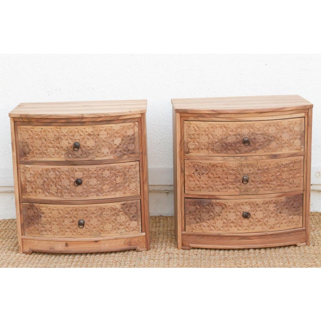 Traditional Set of 2, Reclaimed Wood Bow Front Carved Bedside Dressers For Sale - Image 3 of 11
