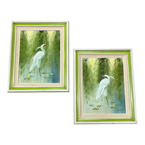 1960s Pair of Snowy Egret Framed Paintings by Gordon