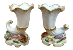 Italian Porcelain Cornucopia Vases With Shells - a Pair