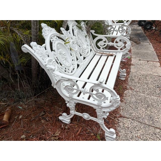 2000 - 2009 Pair of White Antique Style Cast Iron Figural Seasons Garden Bench For Sale - Image 5 of 9