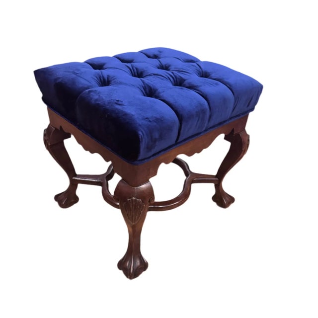 Antique Mahogany Chippendale Tufted Ottoman Newly Reupholstered in High End Italian Royal-Blu Silk Velvet Circa Early 20th...