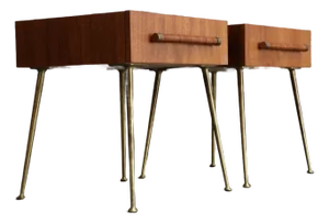 Pair of Walnut and Brass Single Drawer Nightstands by t.h. Robsjohn-Gibbings