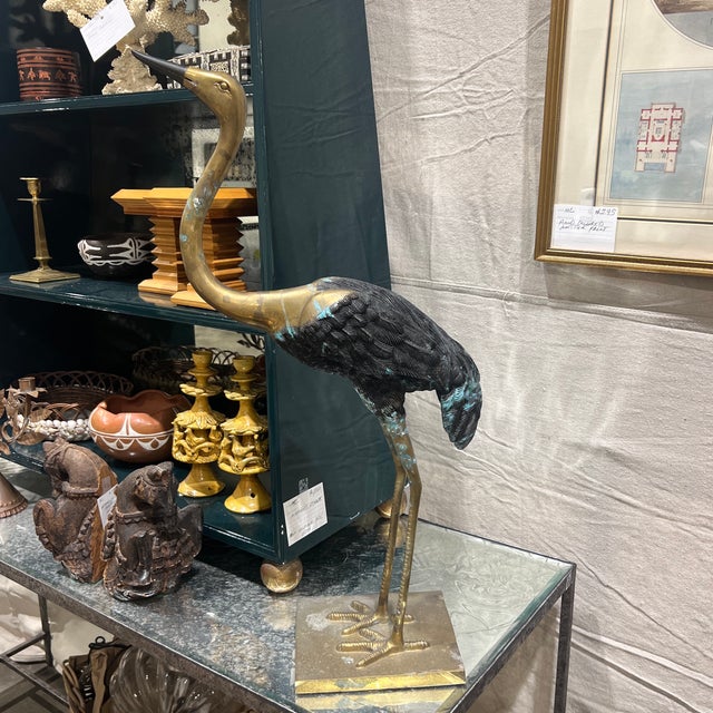 Vintage Boho Brass and Pewter Sculptural Crane Birds- A Pair For Sale - Image 10 of 12