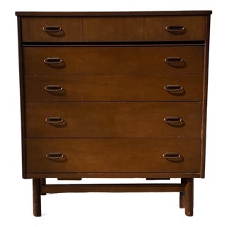 Mid Century Modern Walnut Highboy Dresser With Sculptural Brass Ring Pulls For Sale
