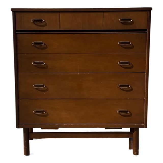 Mid Century Modern Walnut Highboy Dresser With Sculptural Brass Ring Pulls For Sale