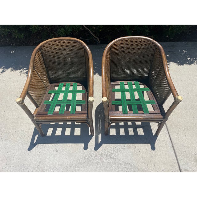 Chestnut Authentic McGuire Vintage Rattan Barrel Back Lounge Chair Pair For Sale - Image 8 of 15