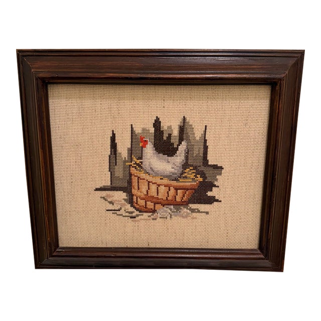 Vintage Folk Art Chicken & Basket Framed Cross Stitch For Sale