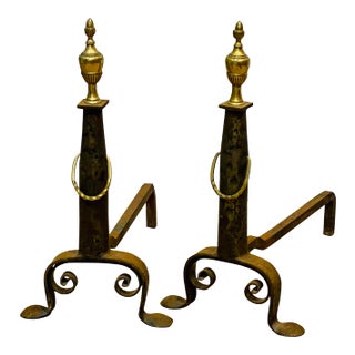 Antique-Style Hand-Forged Iron and Brass Andirons With Urn Finials – Pair For Sale