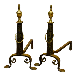 Antique-Style Hand-Forged Iron and Brass Andirons With Urn Finials – Pair