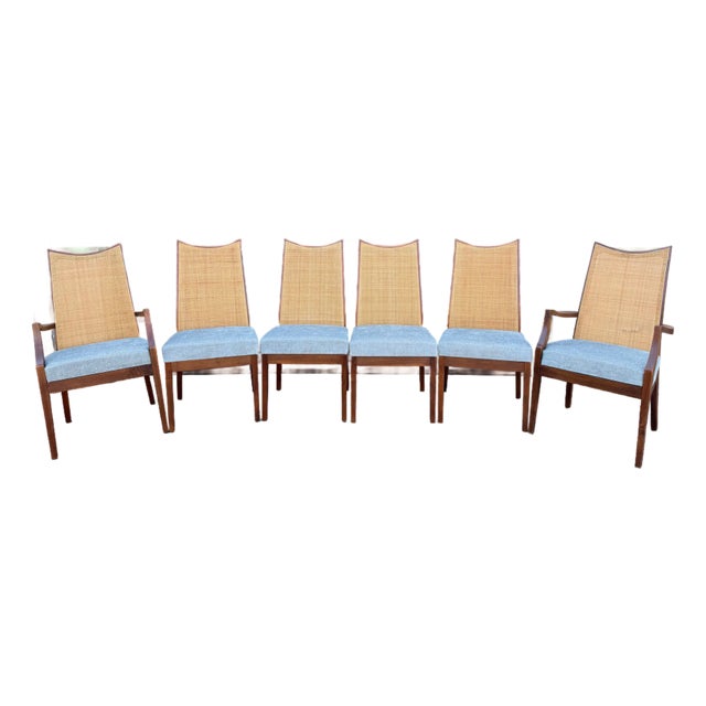Vintage Mid Century Modern Set of 6 Glenn of California High Cane Back Dining Chairs For Sale